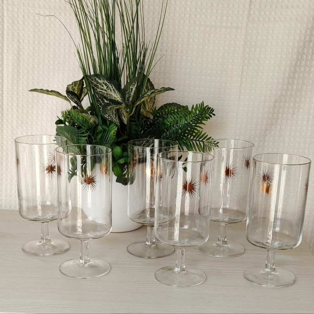 Vintage Set of 6 Gold Atomic Starburst Stemmed Wine Goblet, Mid Century